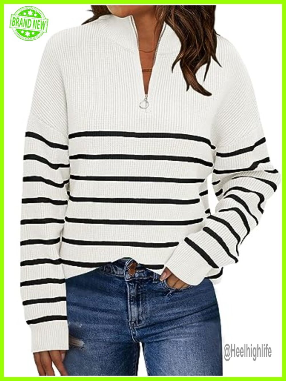 Oversized Quarter Zip Striped Knit Pullover Sweater Ribbed Long Sleeve